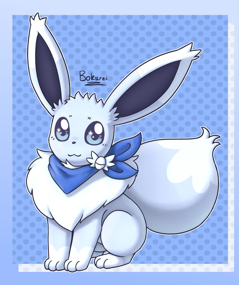 An Eevee with a blue scarf and a PMD badge attached to said scarf. They are smiling at the viewer and have shiny white fur. 