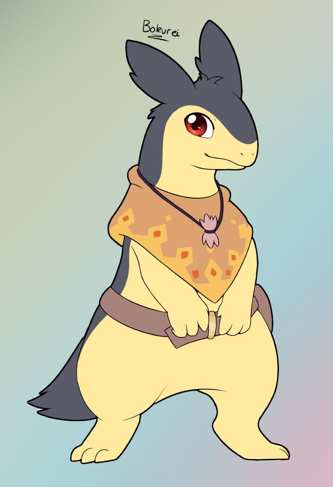 Typhlosion requested by Orgo Stevani. It is a Typhlosion staring at the viewer wearing a poncho and a belt. They have a little pink object stringed around their neck.