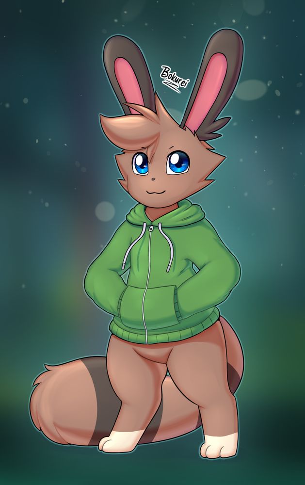 My pokesona which is a semi-anthro Sentret. He is wearing a green hoodie with his hands in the pockets of said hoodie. He is smiling at the viewer, looking proud for his hoodie. His tail is resting on the ground behind him.