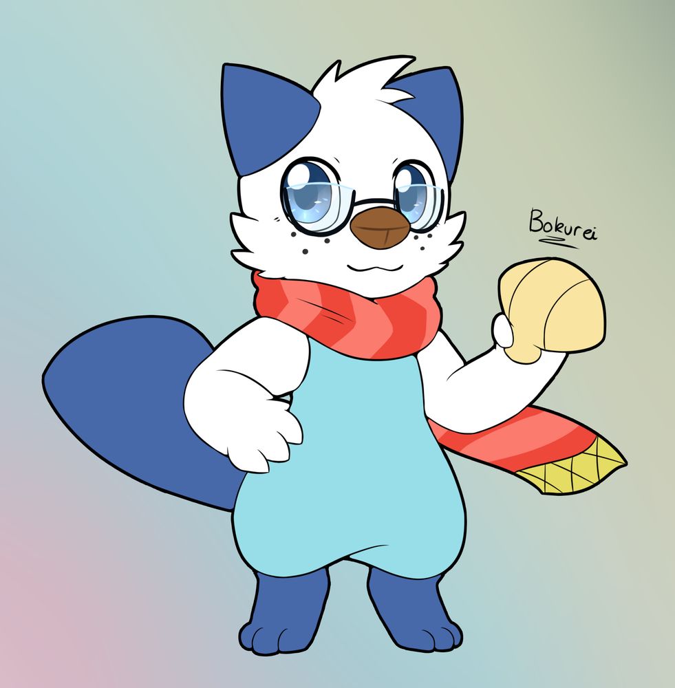 Joshowatt the Oshawott. They are staring at the viewer, wearing a red/pink scarf with a yellow end. They are holding their scalchop in their left hand and they are wearing glasses.