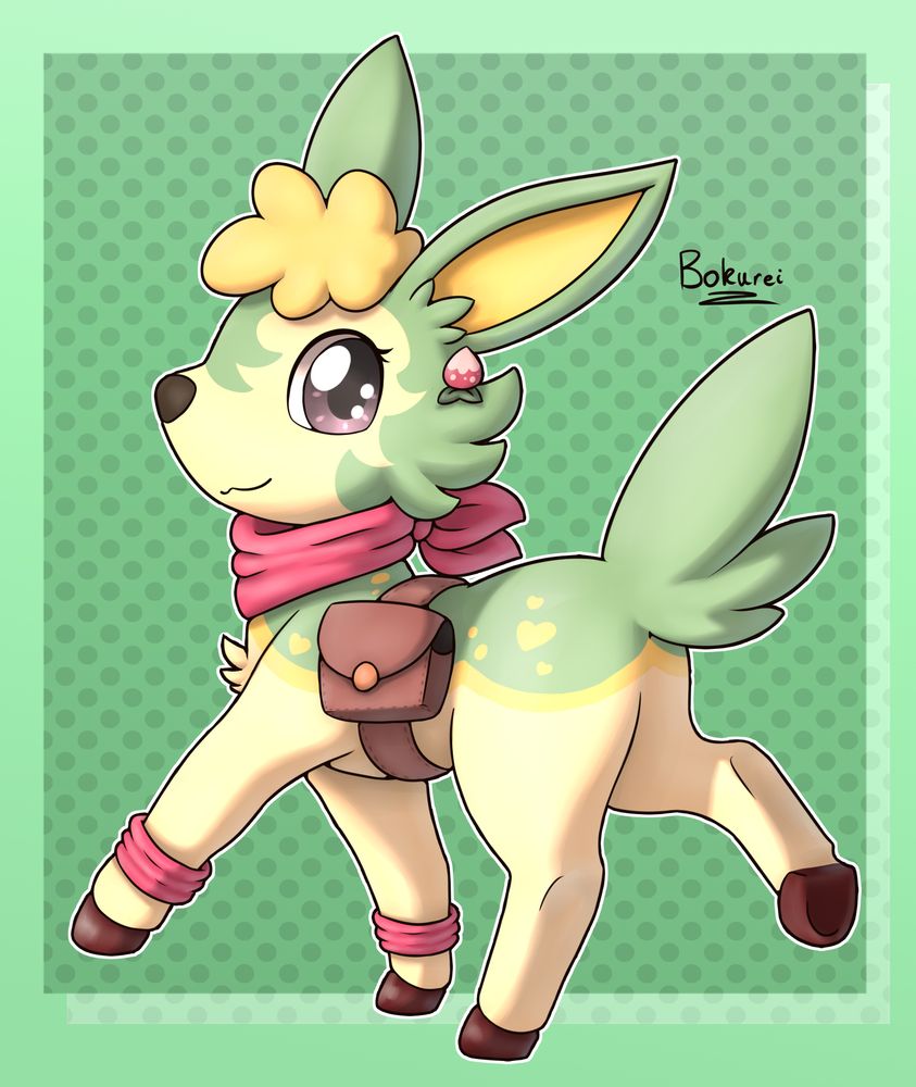 This is Fio the Deerling who belongs to Kiwiko. The Deerling is strutting away from the viewer. They are smiling at the viewer with one raised front leg and one raised back leg. They carry a pink bandana and pink anklets. They also have a bag with a strap around the body.