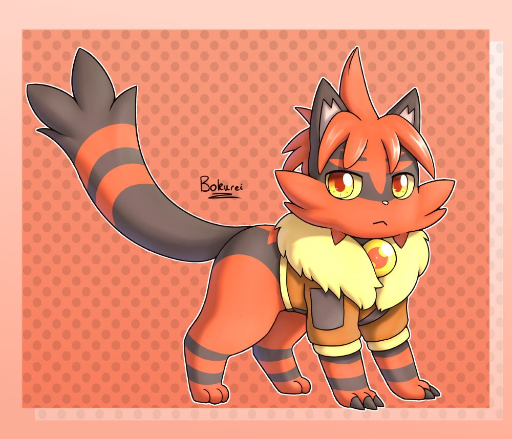 A Torracat wearing mountain gear. They have bangs and they are looking at the viewer slightly annoyed. 