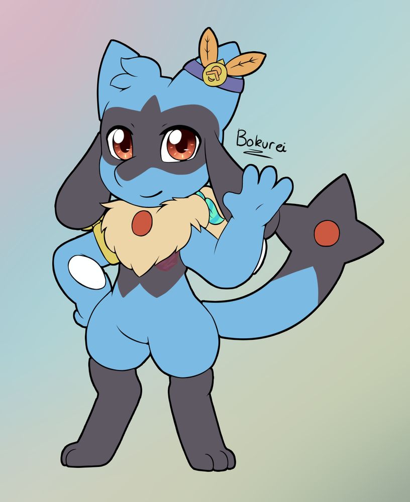 Ari the Riolu requested by Danirbu. They are smiling at the viewer, raising one of their paw, They have a little ribbon with feathers and a badge on their left ear. They have a mane with a red dot in the middle, and two bandanas, one is on the right arm, and one is tying up the rest of the man behind the Riolu. They also have a star-shaped tail with a red dot in the middle of said tail.