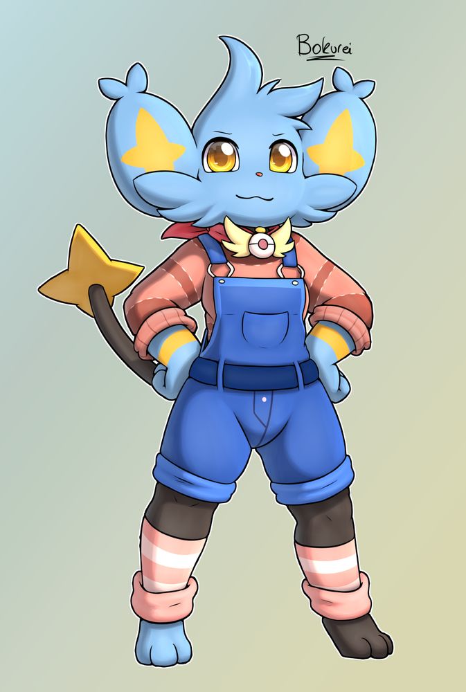An anthropromorphic Shinx wearing a red pullover with the sleeves rolled up. They also wear overalls and have programmer socks. They are wearing a bandana with a PMD badge on it. The Shinx is staring at the viewer proudly.