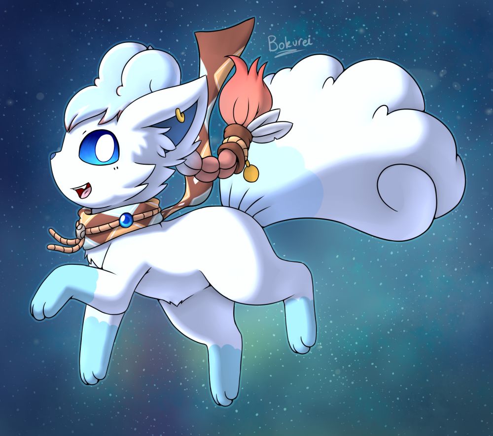 An alolan Vulpix falling through space. They're looking directly at the viewer and smiling. They have a ponytail and a scarf.

Description: I thought I decided to design a vulpix OC, because why not! :> He is male, and his name is Cináed.