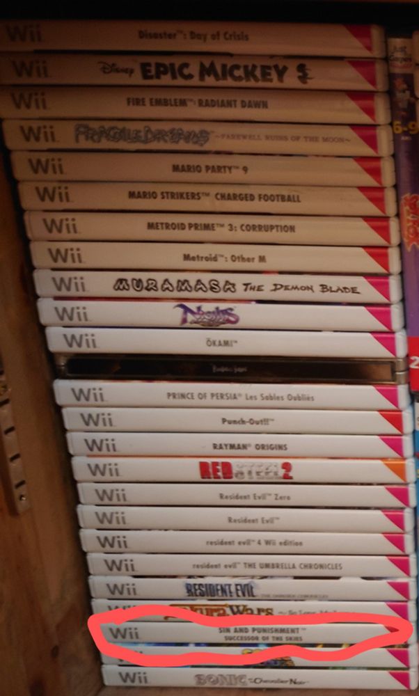 Collection de jeux Wii avec Sin et Punishment entouré en rouge.