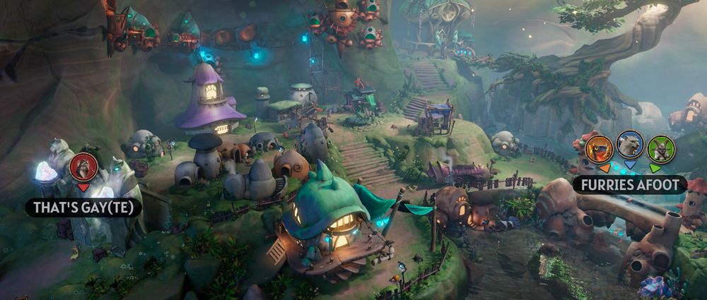 Villiage map screenshot of the game Sunderfoot,(high fantasy, vivid earthy colors with a few buildings with bright rooves) individual players can name map points. The gate is labeled 'that's gay(te)' and the bride is labeled 'furries afoot'