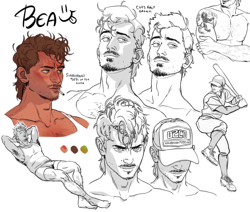 character concept sheet of a man with a curly brown mullet and a sunburn. there are multiple images showing different expressions and outfits