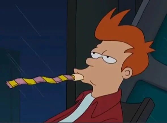 fry from futurama, from the pilot episode blowing a party horn