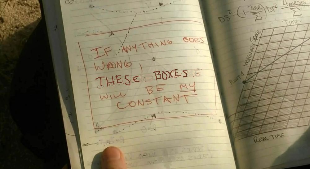 A picture of Daniel Faraday's diary from Lost, with text reading "If anything goes wrong, these boxes will be my constant" instead of "Desmond Hume"