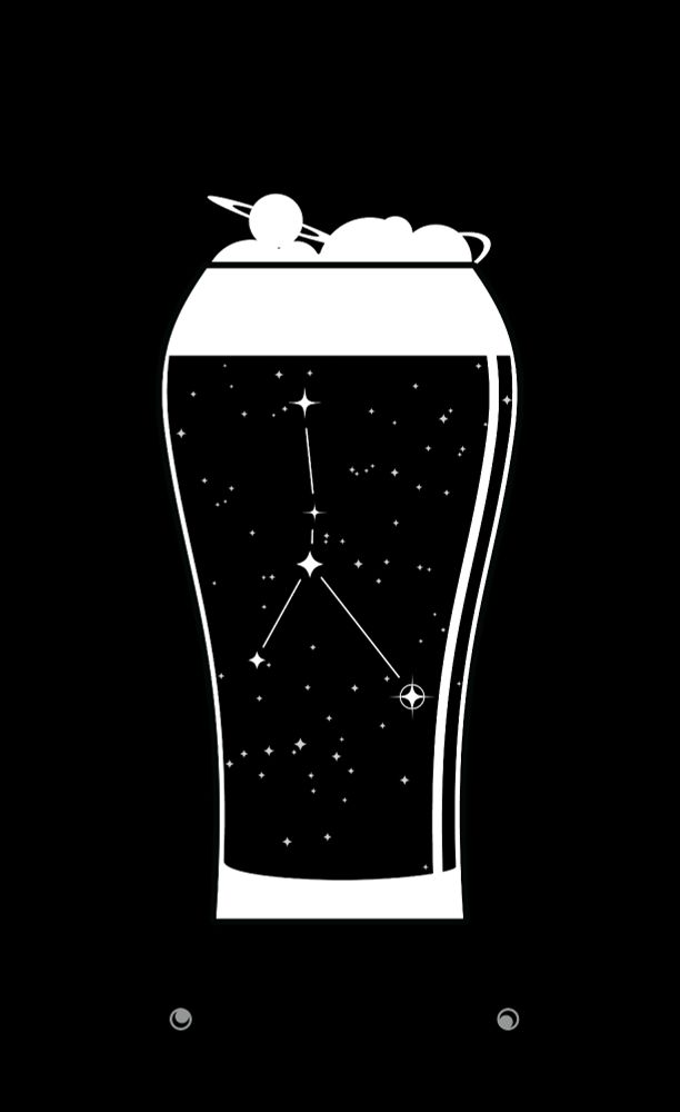 A pint glass full of a dark beverage, with stars in the glass, including constellation for Cancer the Crab. The foam on top takes the shape of astronomical objects, including the ringed planet Saturn. The words "Astronomy on Tap" on top and "Baltimore" on the bottom, with Mr. Trash Wheel googly eyes, frame the glass.