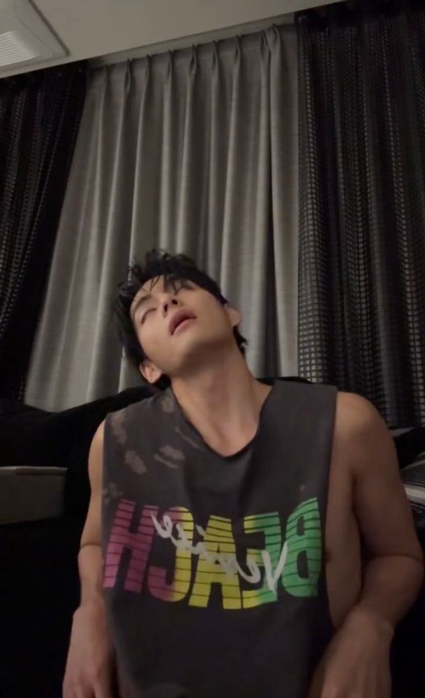 taehyung’s head rolled back fully now in his slutty tank top with his slutty beautiful face and jaw and muscles and his nip is saying hi