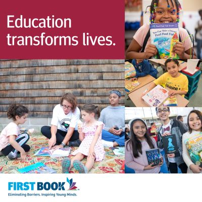 graphic featuring four images. On the right side, from top to bottom, there is a young girl holding up a book and smiling; there is a young girl in a classroom setting, reading a book; there are three kids, all holding books and smiling. On the left side is an image of a volunteer sitting outside on a rug with students and reading a book together. Above this picture is white text on a red background that says, "Education transforms lives." 