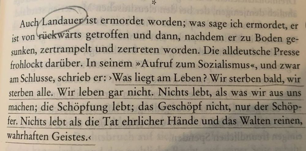 "Auch Landauer ist ermordet worden; was sage ich ermordet, er ist von rückwärts getroffen und dann, nachdem er zu Boden gesunken, zertrampelt, zertreten worden. Die alldeutsche Presse frohlockt darüber. In seinem 'Aufruf zum Sozialismus', und zwar am Schlusse, schrieb er: 'Was liegt am Leben? Wir sterben bald, wir sterben alle. Wir leben gar nicht. Nichts lebt, als was wir aus uns machen; die Schöpfung lebt; das Geschöpf nicht, nur der Schöpfer. Nichts lebt als die Tat ehrlicher Hände und das Walten reinen, wahrhaften Geistes.'"