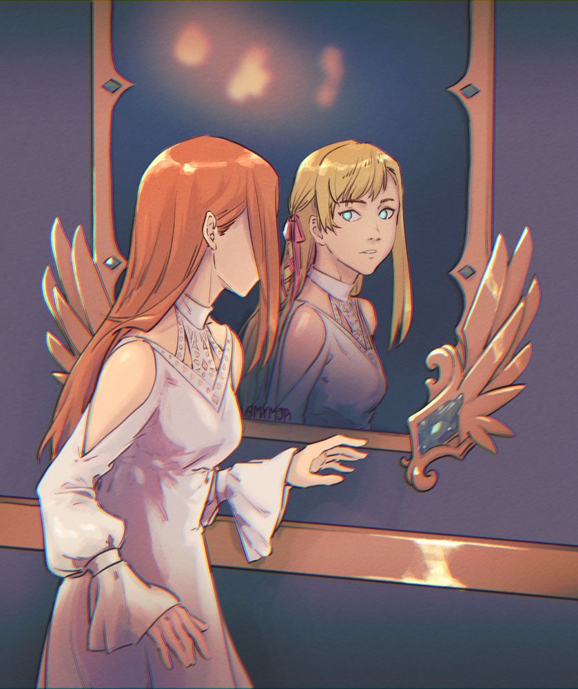 A digital illustration of Ryne looking into the mirror and seeing a blond, blue eyed version of herself staring back at her