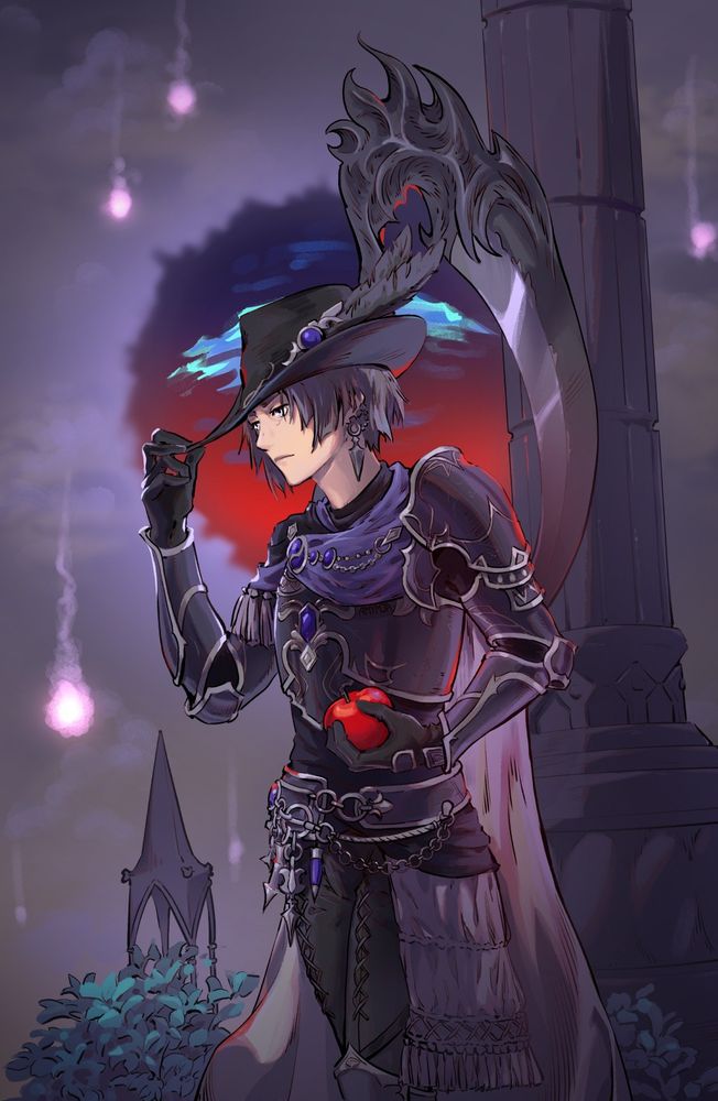 A digital illustration of Zero standing in the fell court of Troia. She's tipping her hat and holding a red apple.