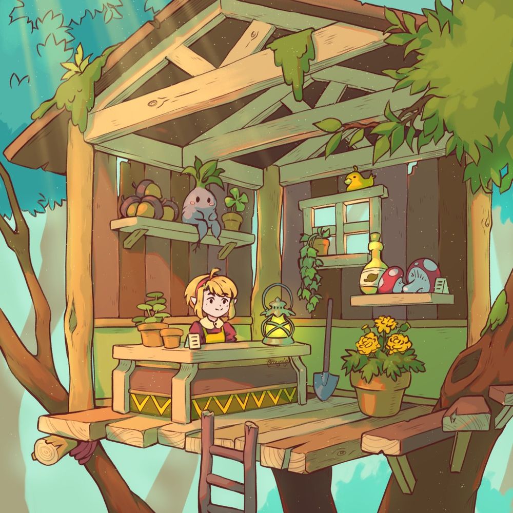 digital painting of a shop located in a cute tree house. There are acorns, potions, potted plants and mushrooms for sale. It's sunny out and the image was painted with a warm color palette.