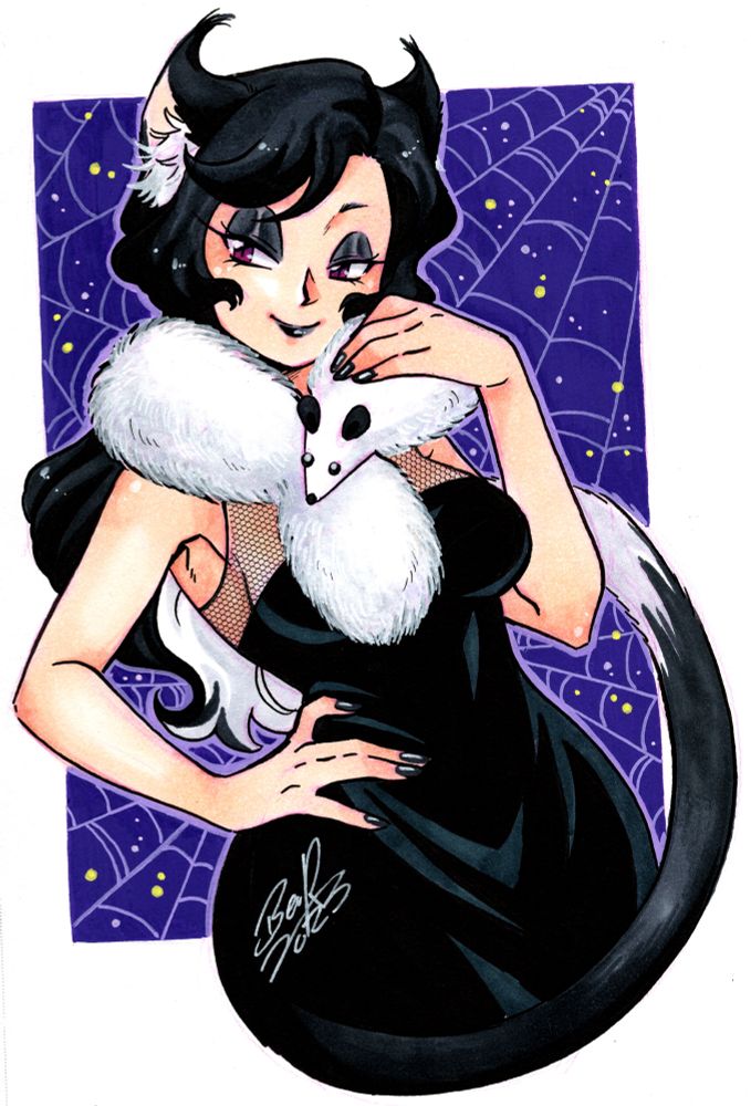 Copic sketch drawing of my catgirl Genevieve, who’s a side character in a comic of mine