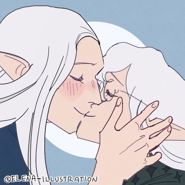 Ysayle kissing an Elezen with white hair, a green robe and glasses, both of their eyes are closed and they are at peace. Ysayle's hand is on Nimeril's cheek.