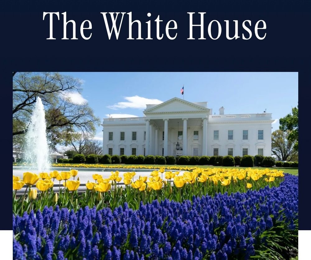 Screenshot of the people’s house in the United States, The White House, taken from the people’s website, showing the building in the spring with flowers in bloom and a water fountain