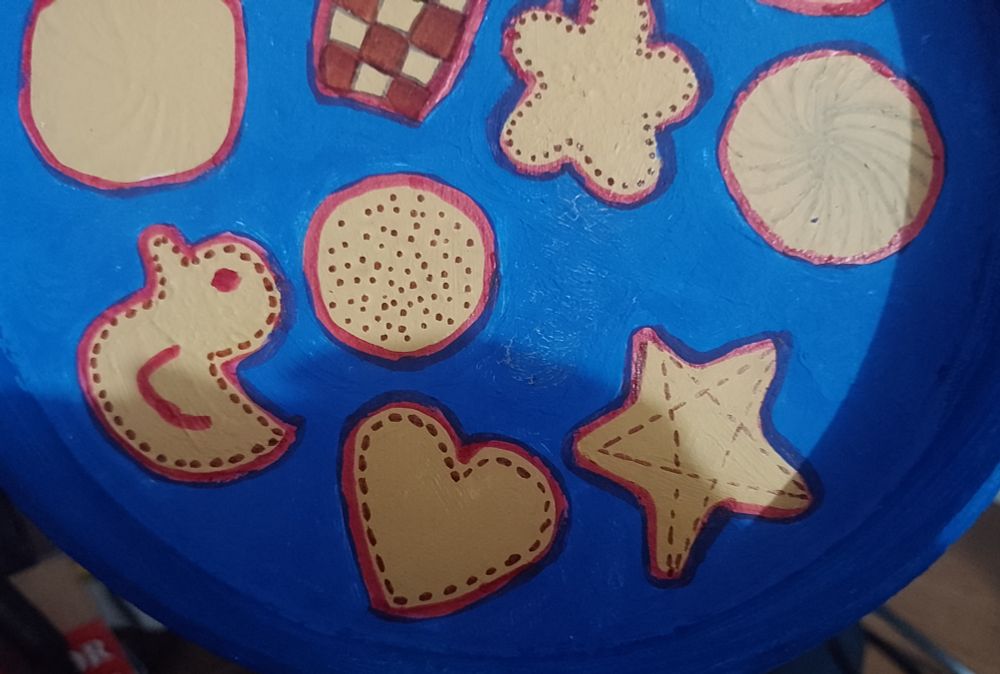 Fundo de uma tampa redonda, pintada de azul com desenhos de biscoitos amanteigados, em formato de coração, estrela, pato, flor, redondos, retangular, com decoração parecendo costura, 