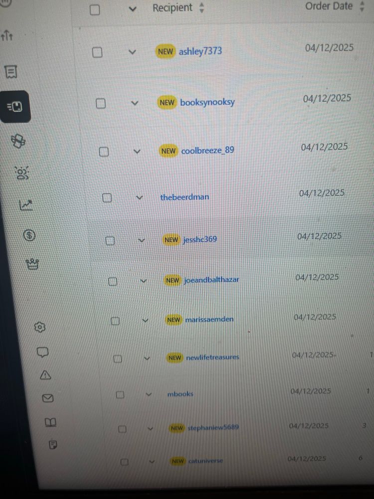 Photo of a customer order screen full of “new” tags next to customers indicating many new book buyers!