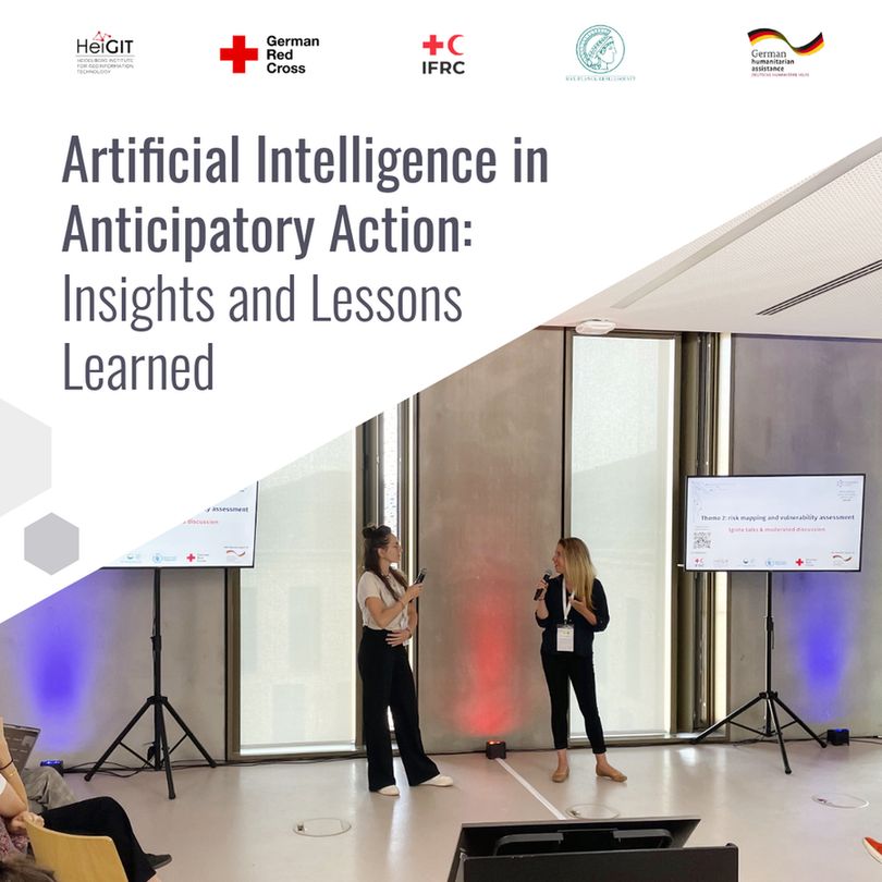 Text: Artificial Intelligence in Anticipatory Action: Insights and Lessons Learned
Photo: Two women giving a presentation in a large room between two screens reading "Theme 2: Risk mapping and vulnerability assessment".