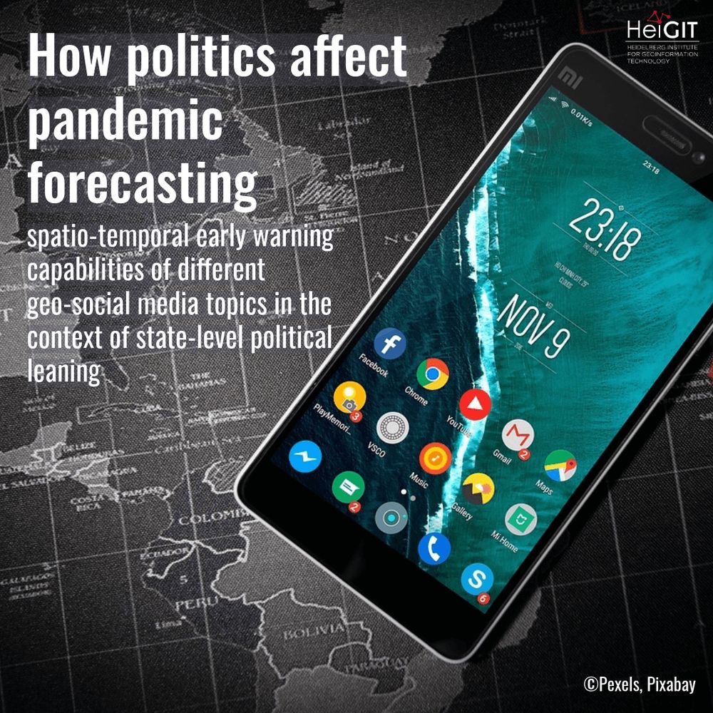 smartphone on a map; "New paper: How politics affect pandemic forecasting: spatio-temporal early warning capabilities of different geo-social media topics in the context of state-level political leaning"