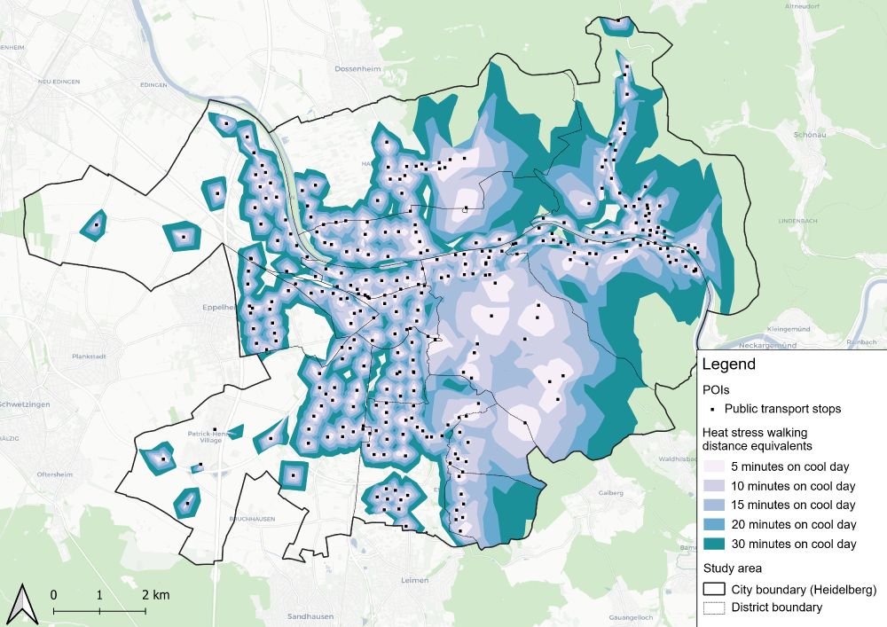 Map of Heidelberg showing "heat stress walking distance equivalents"