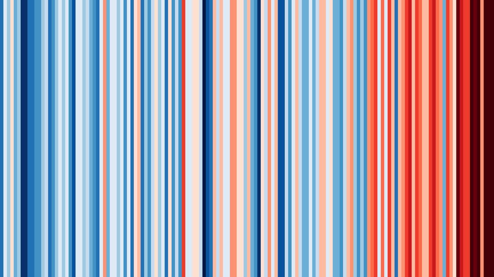 Vertical stripes of different colors ranging from dark blue to light blue, light red and dark red. In the left half there are more blue stripes. In the right half, stripes become increasingly red. The stripes on the right end are mostly dark red.