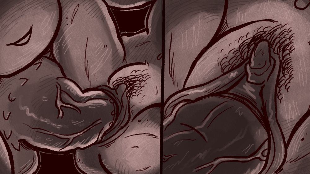 Two panels of an impossibly large demon dick shoving itself into a cooch with a tdick.