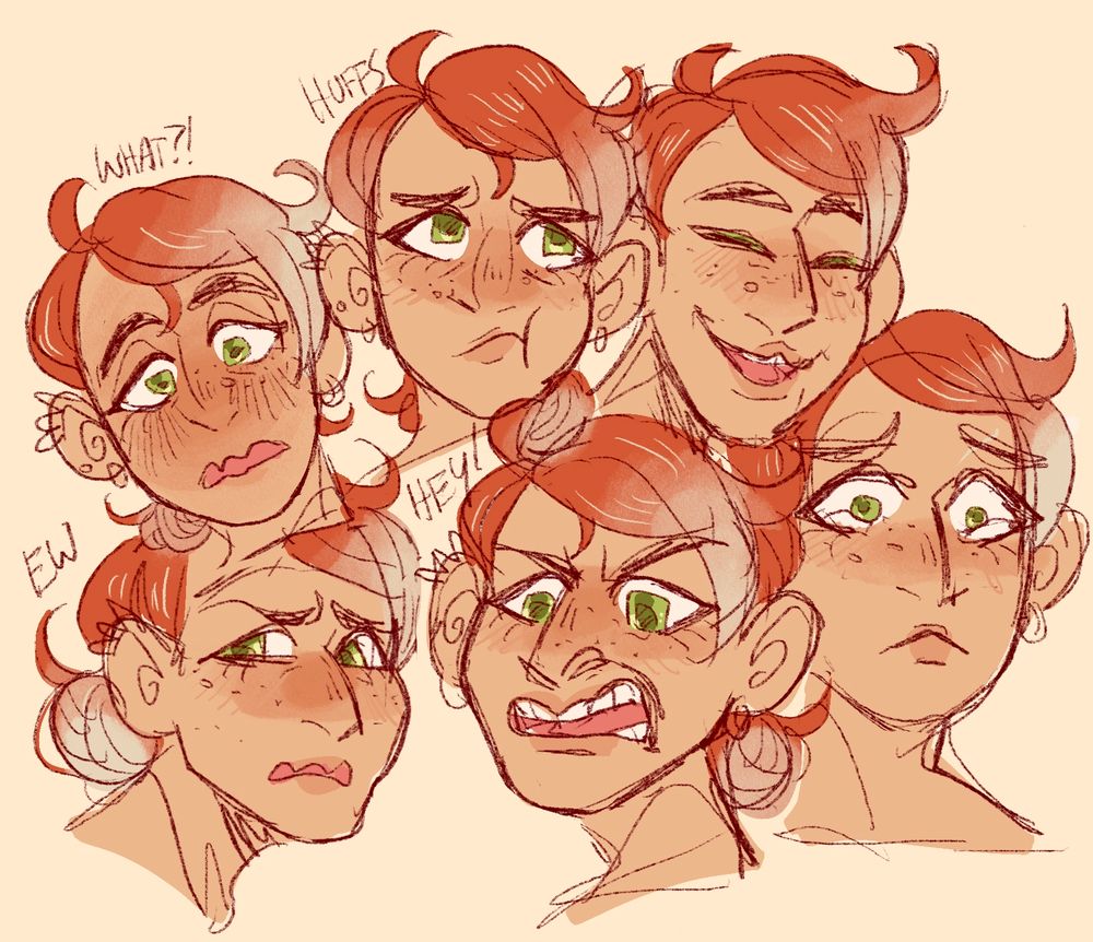 An expression sheet of one character featuring six of his expressions. He has freckled cheeks and ginger hair with a platinum gradient. He’s flustered, pouty, happy, grossed out, angry, and on the verge of tears.