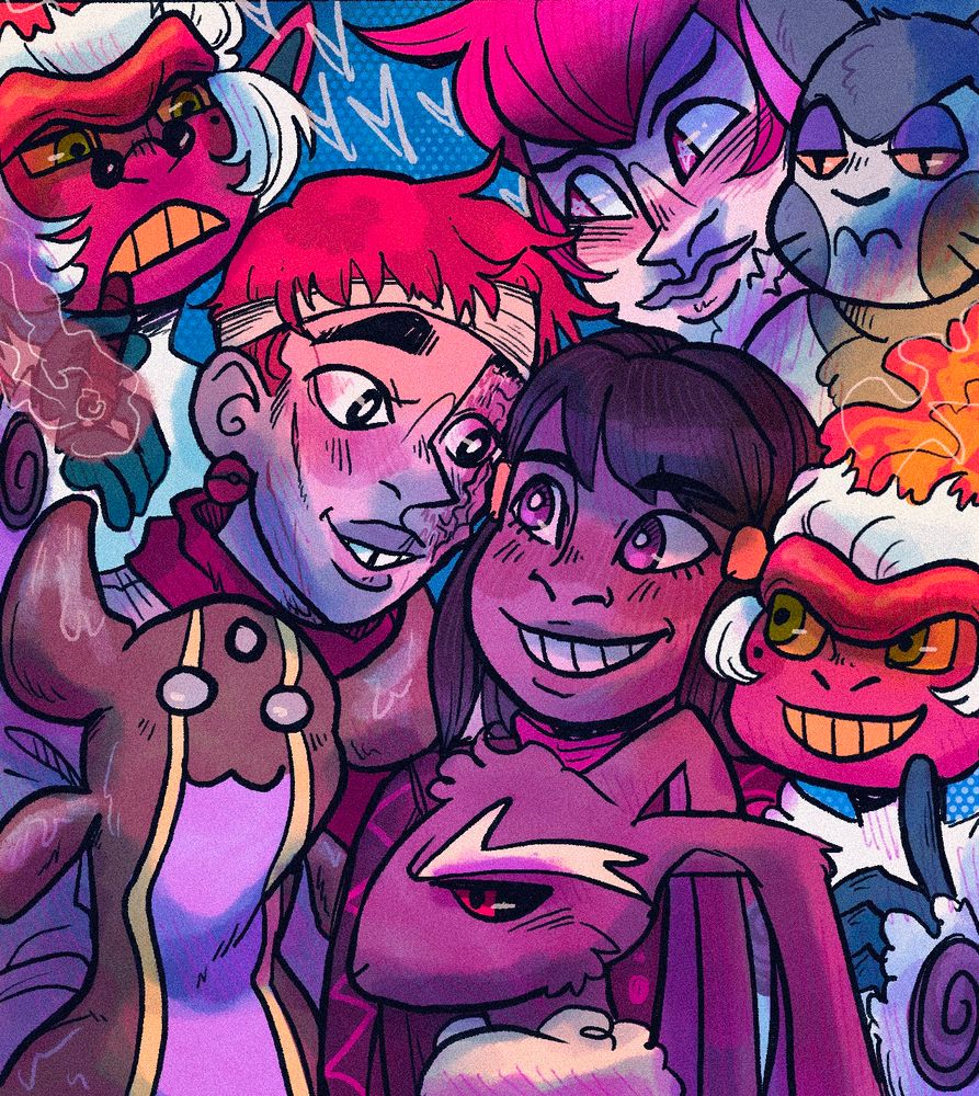 A picture of three women all smiling at each other, one with scars and auburn hair, one with dark skin and dark hair, and one with starry eyes and bright red hair, surrounded by their Pokémon. Two infernapw, a gastrodon, a lopunny, and a purugly.