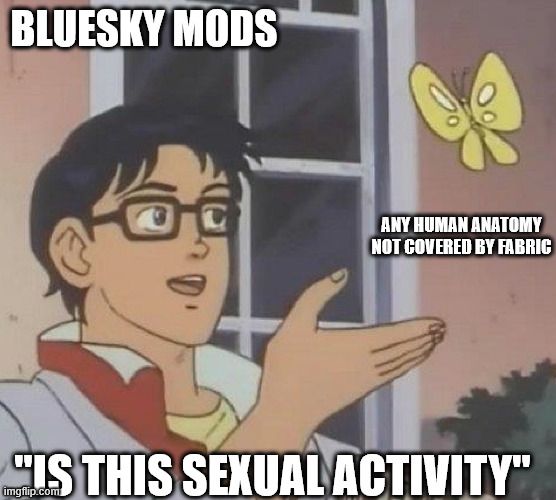 The "is this butterfly" meme template. It shows the Bluesky moderation team looking at the butterfly labelled "any human anatomy not covered by fabric" and asking "is this sexual activity"