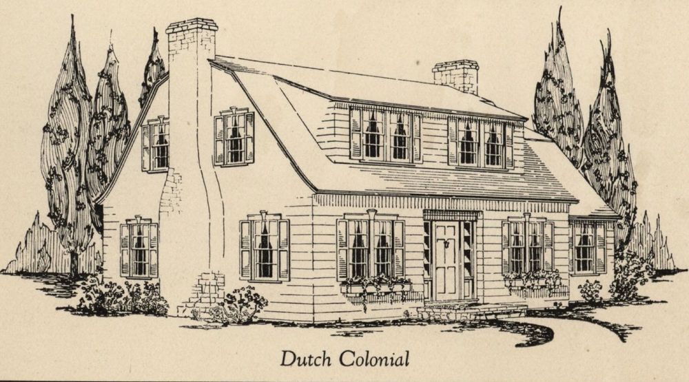A scan from a book with the caption "Dutch Colonial" and a line drawing of a two-story Dutch Colonial style home, with two chimneys and trees all around. The background is a cream yellow old-paper color. 