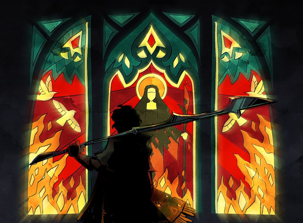 Stranger, without her hat, stands silhouetted in front of a stained glass window while holding a really preposterous fantasy weapon (a "great phleam"). 
