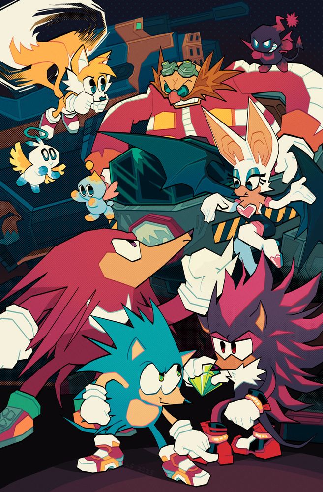 sonic adventure 2 battle poster; Tails and Eggman (and their mechs), Knuckles and Rouge, and Sonic and Shadow beef with each other while some chao float around.