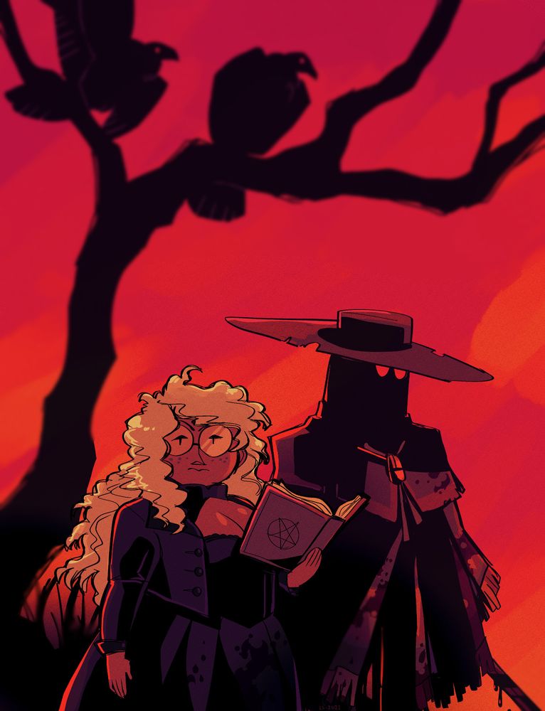 weird west-styled witch and a cowboy vampire ("Stranger"). Behind them, two vultures sit on a dead tree.