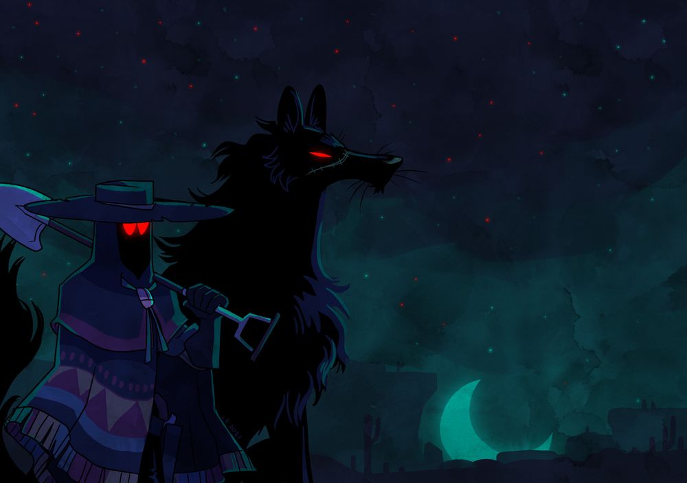"Stranger" stands with a shovel. beside her is a huge black wolf.