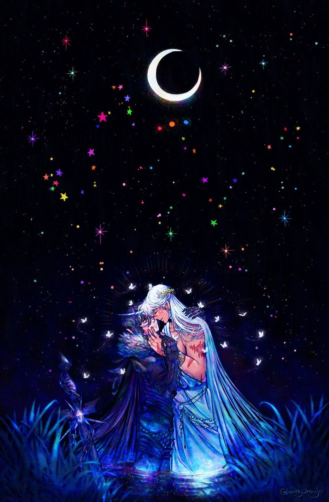 An illustration of Keith and Shiro from Voltron, in a fantasy fairytale AU. The two are under the crescent moonlight at night, embracing one another, in a small body of water that reach their upper thigh. There is a sword off to the left side, with broken chains wrapped around it. In the corners, there is a patch of grass on each side. There are colourful stars, randomly across; but there are their constellations for Scorpio and Pisces as well. Underneath the moon, there are their plants: Mars, Jupiter, Neptune. Keith is wearing heavy armor, that's inspired by dragons. It's dark, with many layers and pointed, with a fur hood and long cape. He has longer hair, and has dragon horns; and his armored hands appear like claws. Shiro has very long silver hair, and is wearing loose white clothes. He is wearing gold jewelry (a cuff, earrings, necklaces, and belt), all with blue gem stones. He also has a unicorn horn. They are surrounded by white, glowing butterflies, and a faint light halo above their heads. The whole illustration is textured with pencil and paint like brushes, while also making use of vibrant colours from digital art. Most of the illustration is in cool colours, with hints of rainbow all over. #gloomycreates