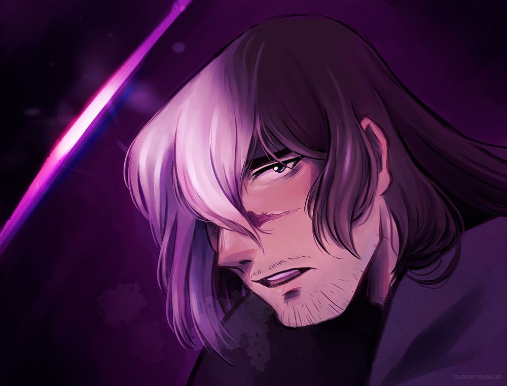screencap redraw of Shiro from Voltron. He has long hair and is exhausted, while panting. The colours are mostly in a violet hue.