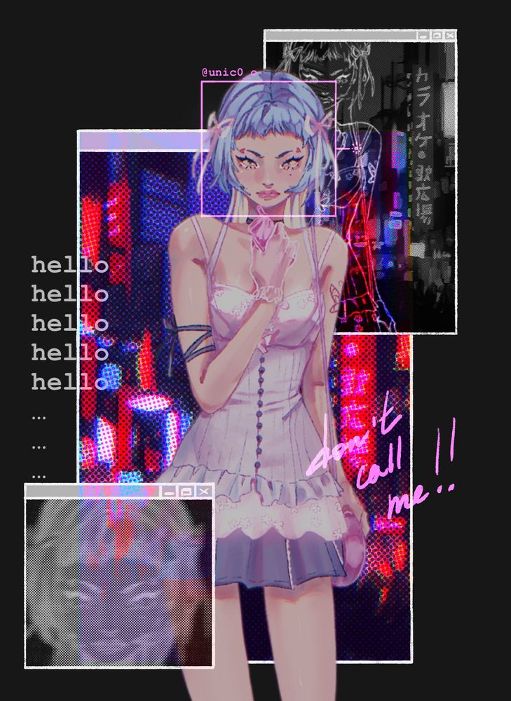 Digital drawing of pretty girl gyaru styled with an old phone