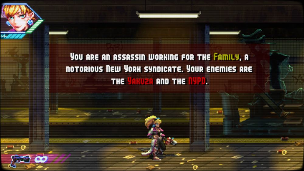 Screenshot from Neon Inferno.

The text reads:

You are an assassin working for The Family, a notorious New York syndicated. Your enemies are The Yakuza and the NYPD.