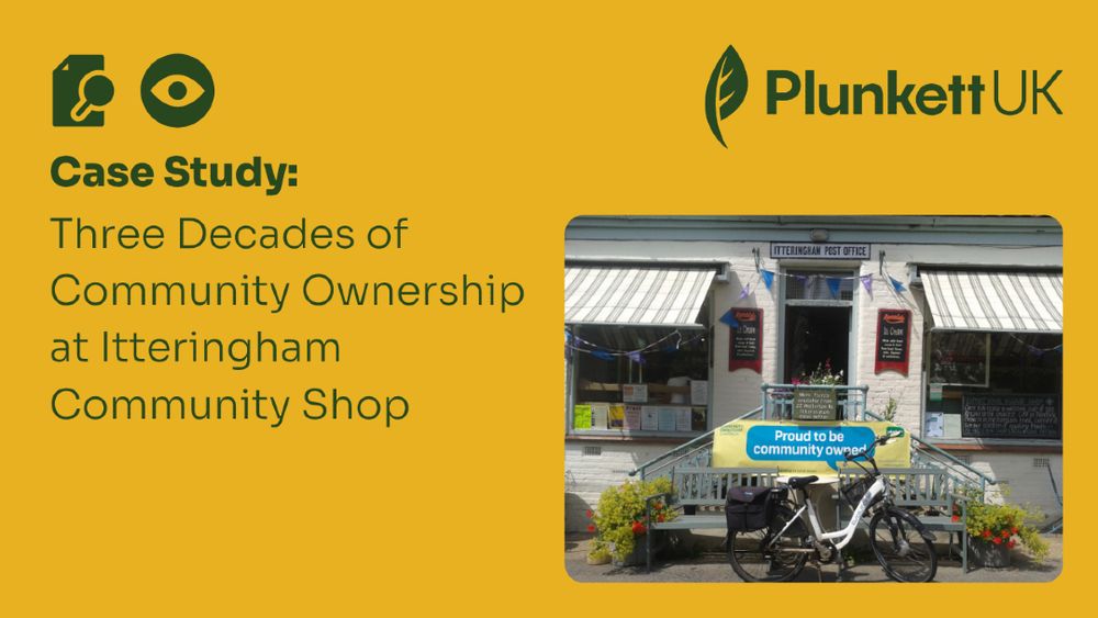 Case study promotion about Itteringham Community Shop featuring a photo of the shop with a sign saying "Proud to be community owned" with a bike in front of the shop.

Atop a yellow background is text saying: 'Case Study: Three Decades of Community Ownership at Itteringham Community Shop"