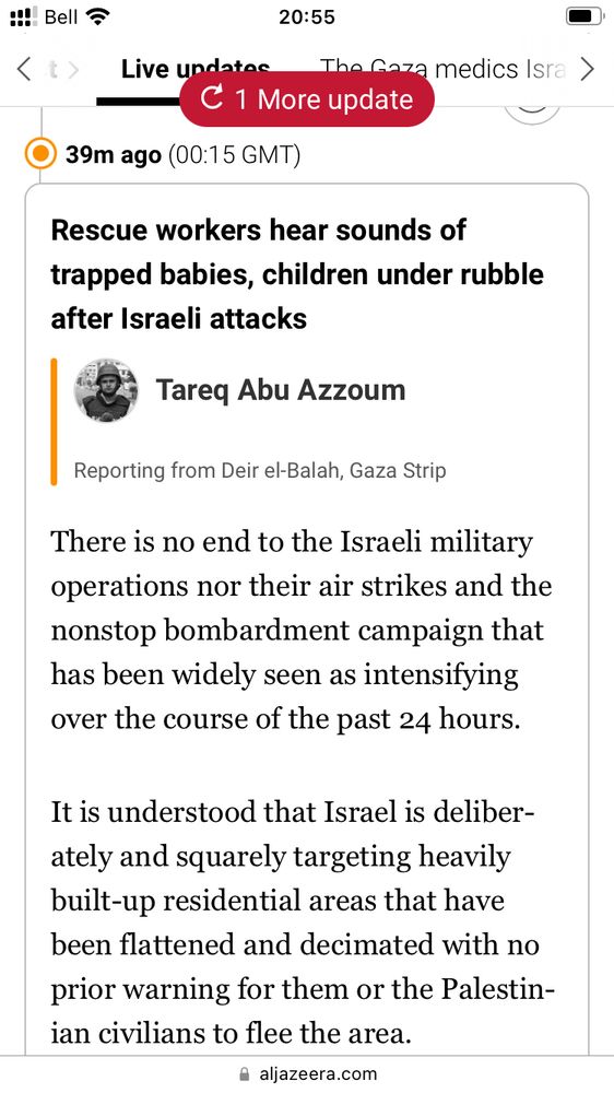 Al Jazeera headline: “Rescue workers hear sounds of trapped babies, children under rubble after Israeli attacks”