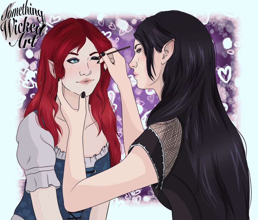 Two half elf women share an intimate moment as one gently applies eyeliner to the other. The red-haired woman smiles softly, while the dark-haired woman focuses with care, her hand tenderly holding the other’s chin. The background is a dreamy blur of hearts and soft purples.