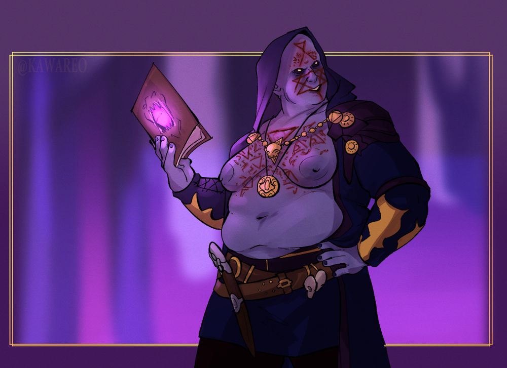 Genderswapped Balthazar. Looks exactly the same as always except with boobs. She's holding necromancy of Thay and looking evil.