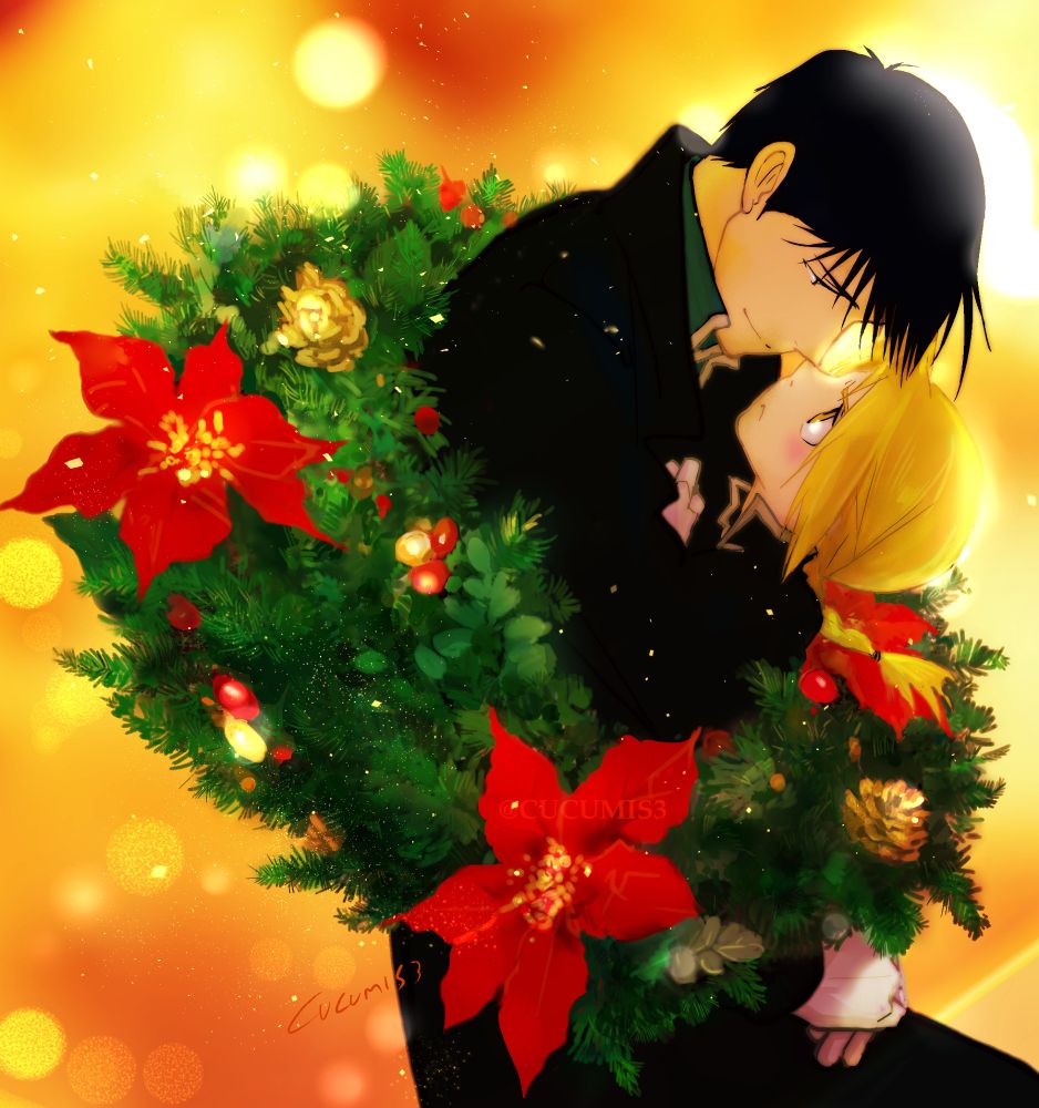 クリスマスリースに捕らわれているロイとエド