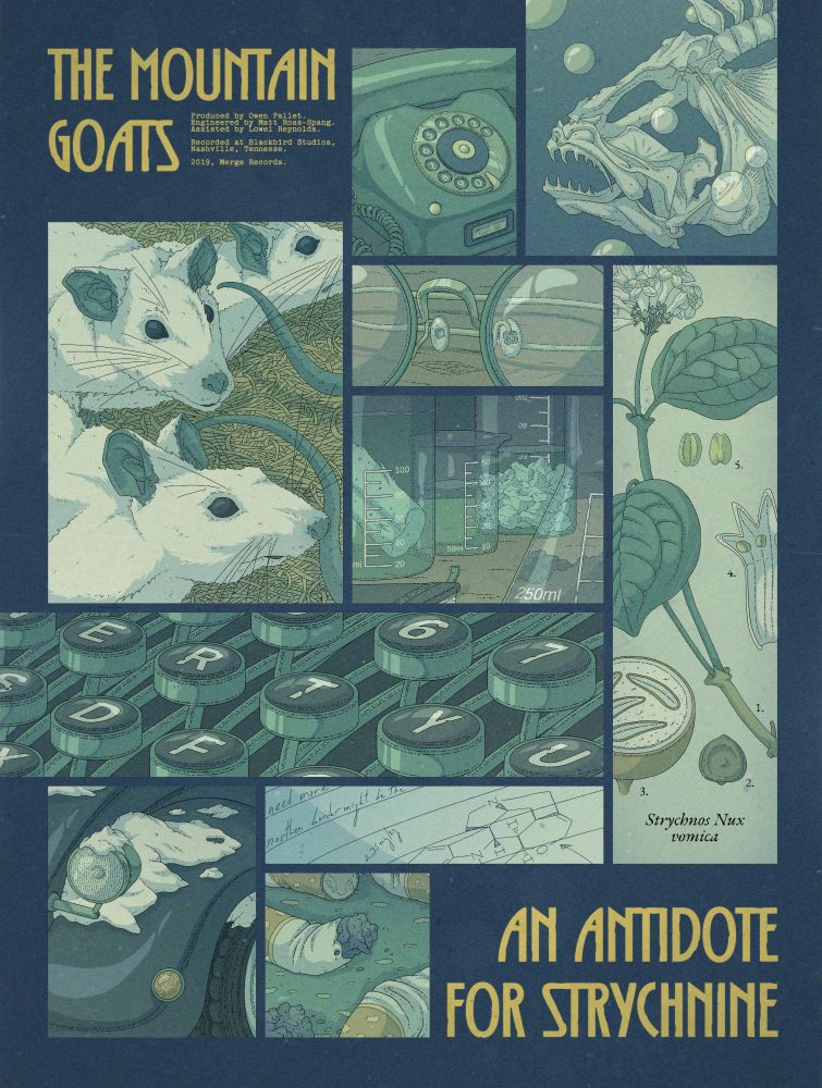 Poster style color illustration, composed of several panels displaying different images based on the song: lab rats, chemicals, fish bones... Green and blue tones predominate, but the band's name and the song title are written in yellow.