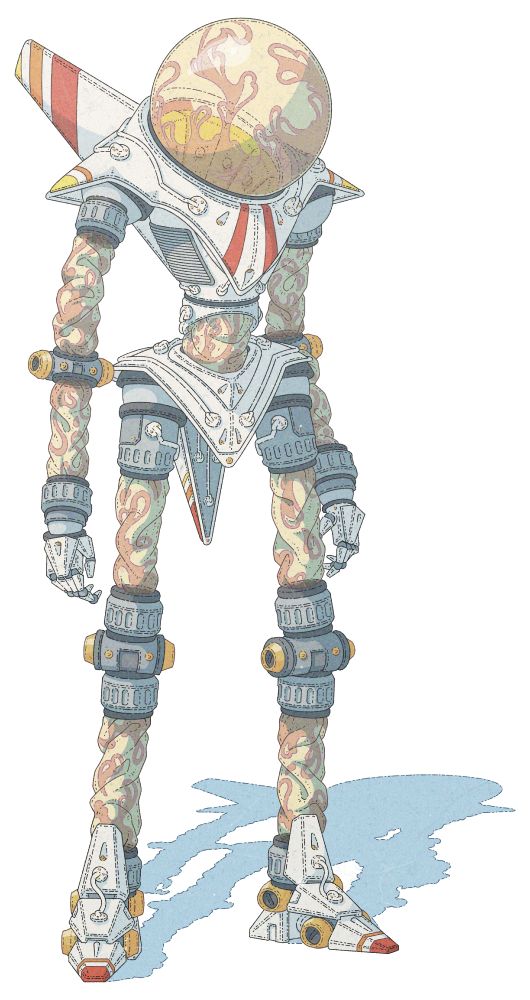 Color illustration of a gas filled armored being. The armor is translucent in parts on the limbs and their spherical head, where said gas can be seen. 